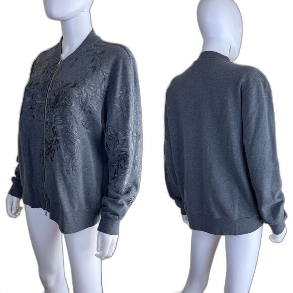 DRIES VAN NOTEN Women's Size L Gray Floral Embroidered Cotton Bomber Jacket Boho - Picture 9 of 16